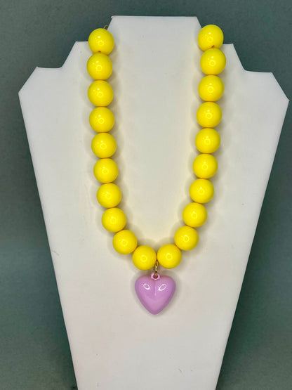 Large Colored Bead Necklace With Puffy Heart