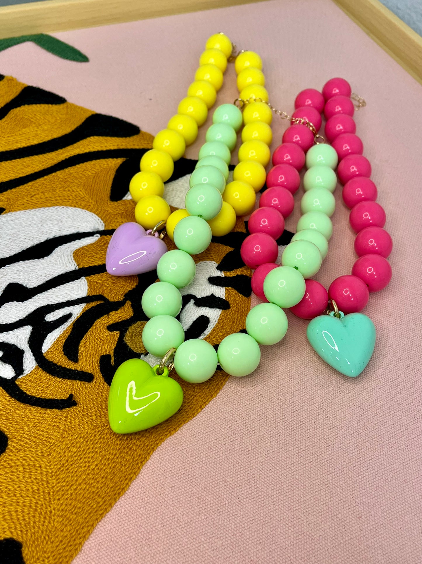 Large Colored Bead Necklace With Puffy Heart