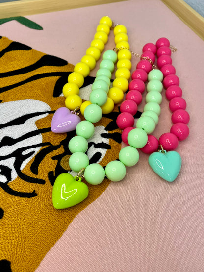 Large Colored Bead Necklace With Puffy Heart