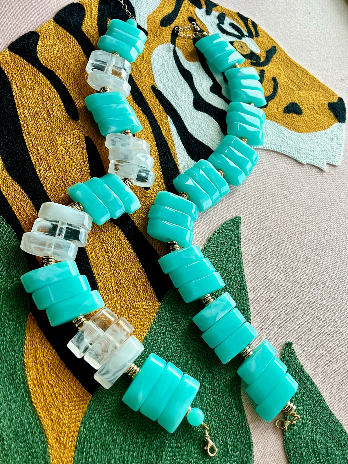Turquoise and White Flat Bead Necklace