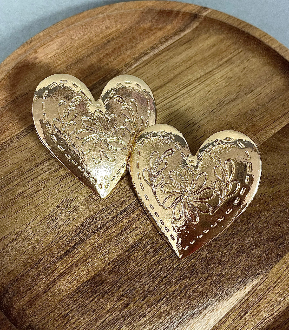 Gold Large Flat Heart Stud Earrings