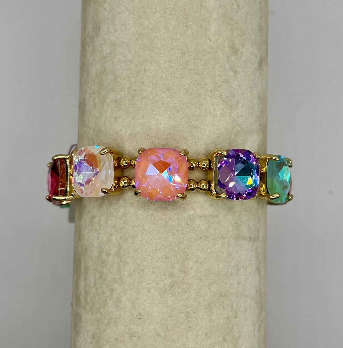 Cushion Cut Glass Crystal Linked Stretch Bracelet- Light Pastel
