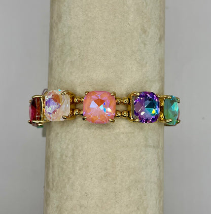 Cushion Cut Glass Crystal Linked Stretch Bracelet- Light Pastel