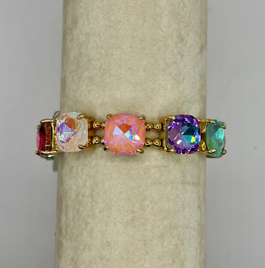 Cushion Cut Glass Crystal Linked Stretch Bracelet- Light Pastel