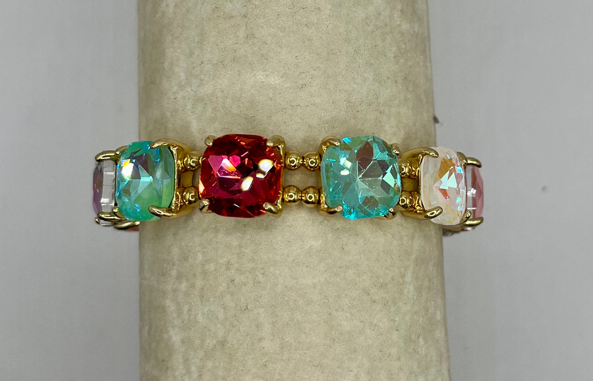 Cushion Cut Glass Crystal Linked Stretch Bracelet- Light Pastel