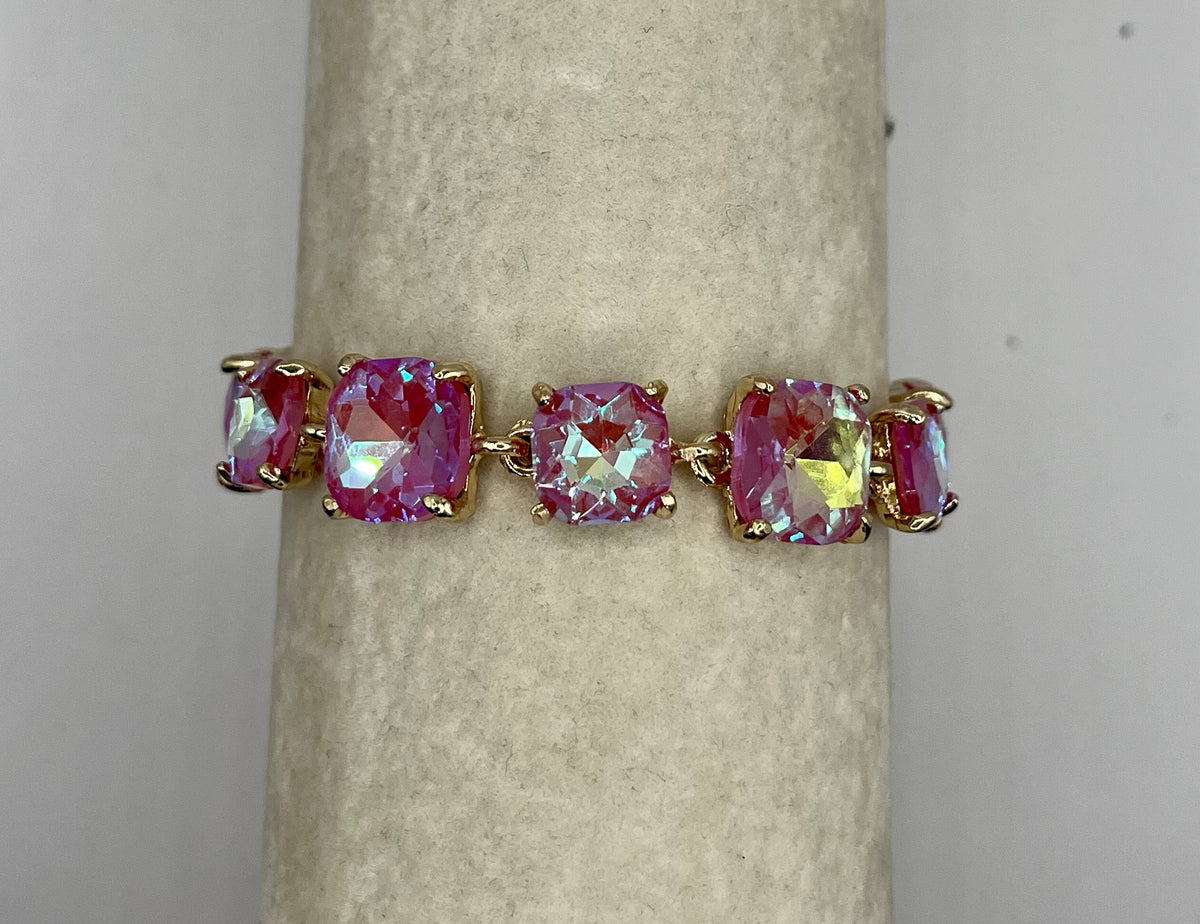 Cushion Square Stone Link Evening Bracelet- Iridescent Stone Pink