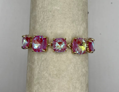 Cushion Square Stone Link Evening Bracelet- Iridescent Stone Pink