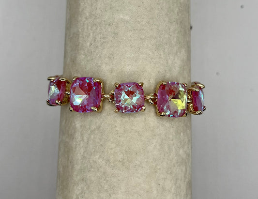 Cushion Square Stone Link Evening Bracelet- Iridescent Stone Pink
