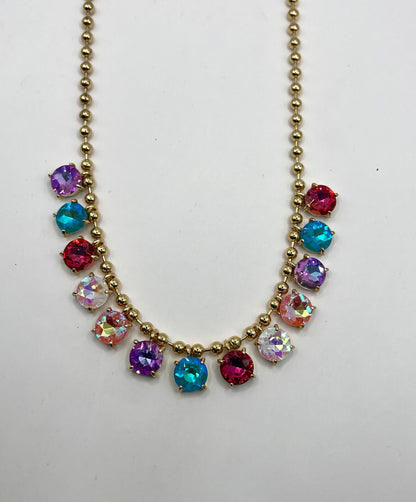 Crystal Glass Bead Dangle Station Ball Beaded Chain Necklace- Multi AB