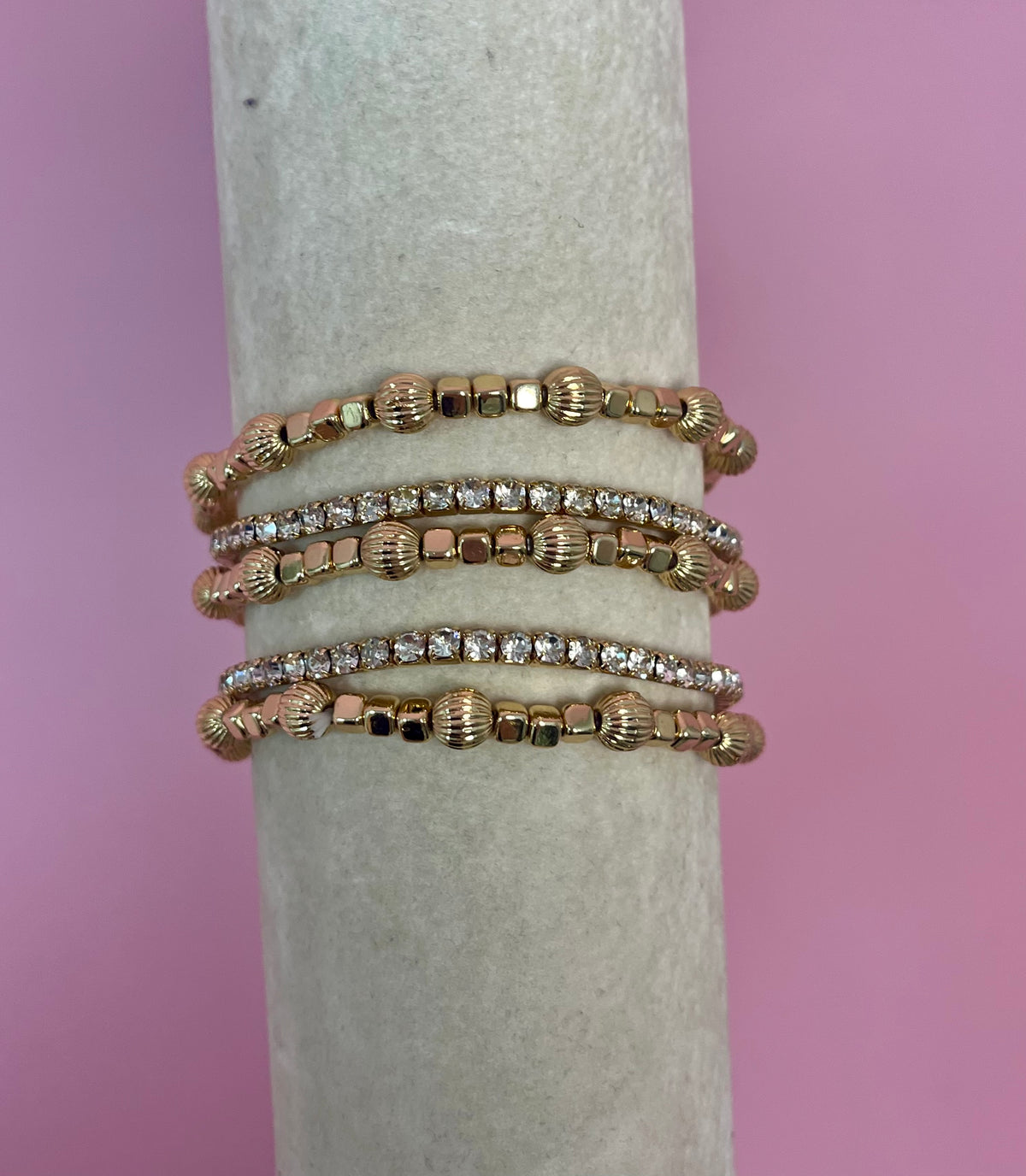 Set of 5 Water Resistant Stretchy Textured & Crystal Bracelets