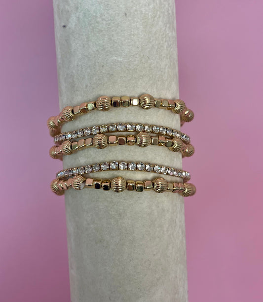 Set of 5 Water Resistant Stretchy Textured & Crystal Bracelets