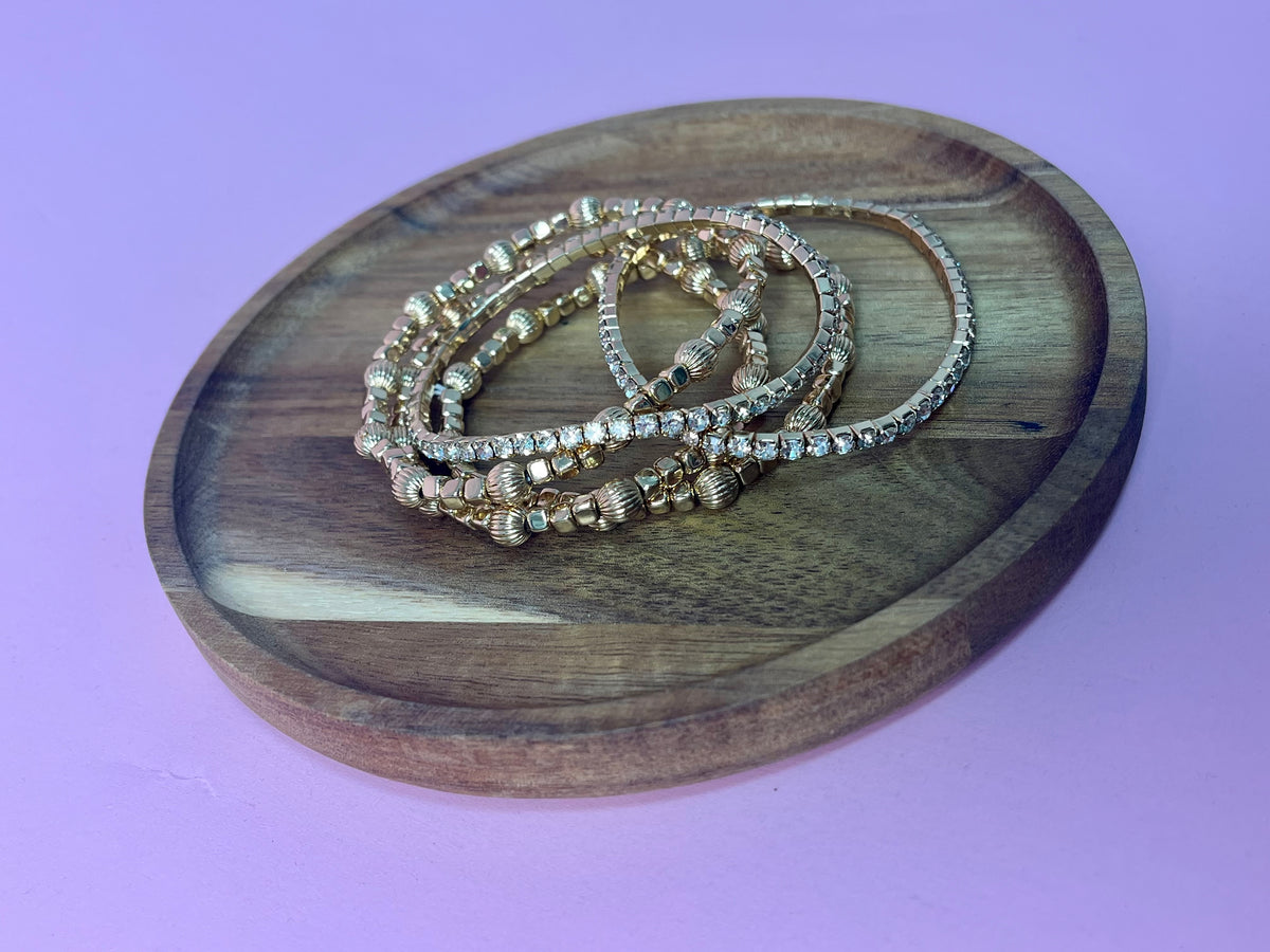 Set of 5 Water Resistant Stretchy Textured & Crystal Bracelets
