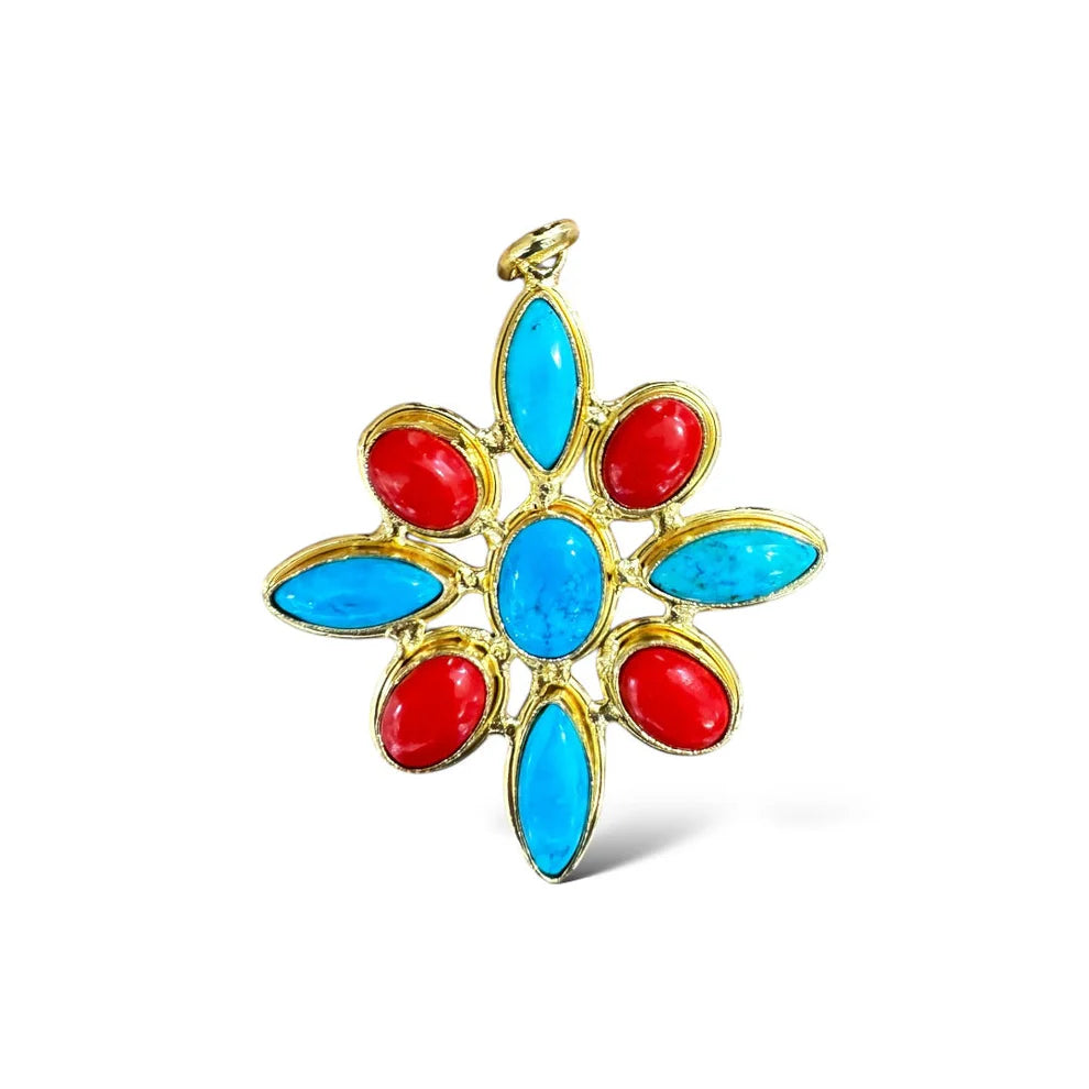 Angela Flower Stone Pendant- Turquoise & Coral