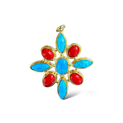 Angela Flower Stone Pendant- Turquoise & Coral
