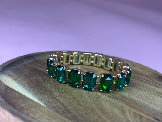 Heather Welper Green Two Tone Luxe Rectangle Crystal Stretchy Bracelet