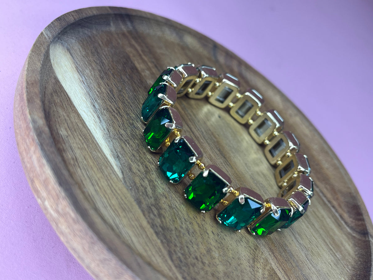 Heather Welper Green Two Tone Luxe Rectangle Crystal Stretchy Bracelet