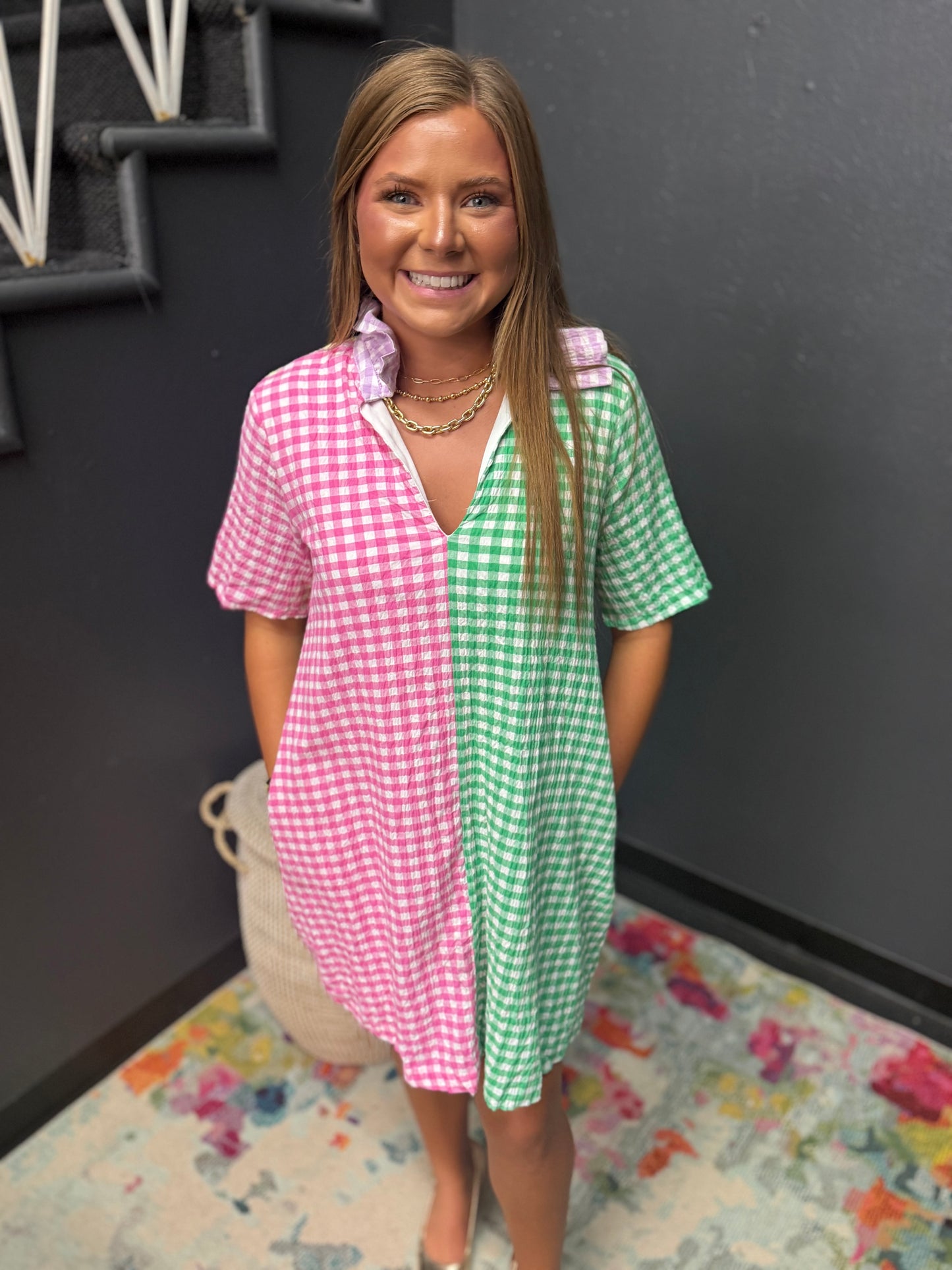 Multi Sheer Gingham Ruffle Collar A Line Dress