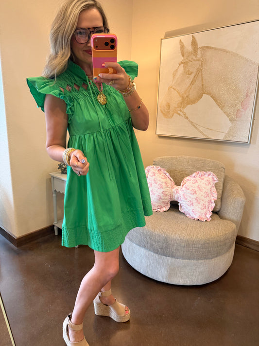 Green Ruffle Sleeve Cutout Mini Dress