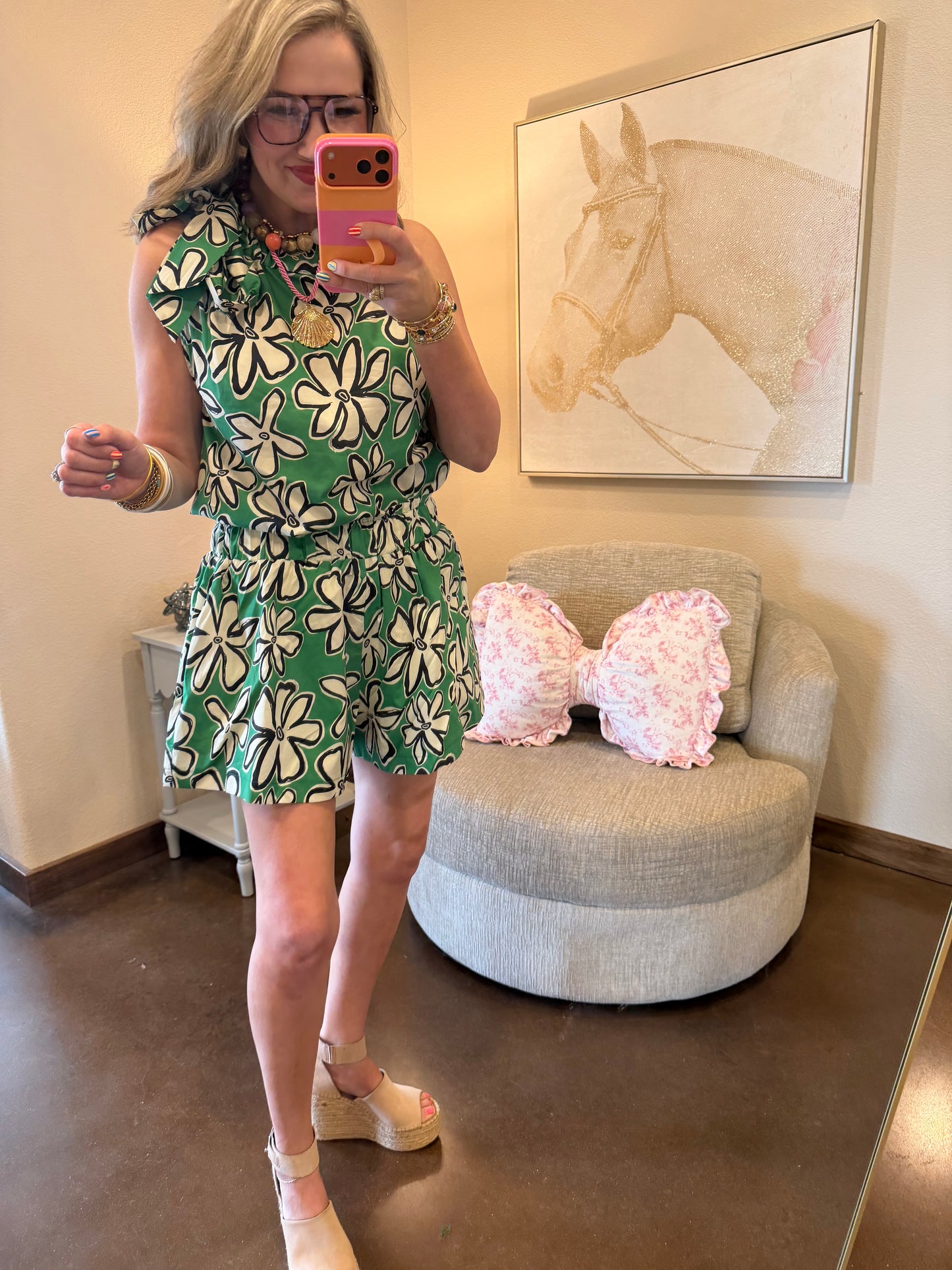 Green Floral Print Ruffle Tie Neck Set