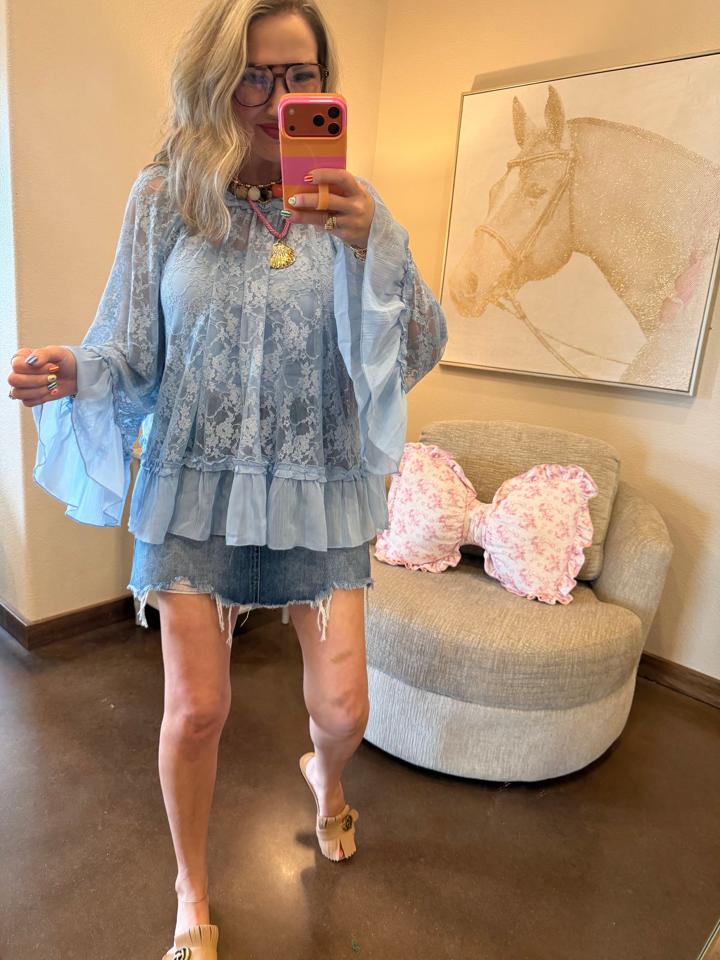 Light Blue Lace Overlay Top