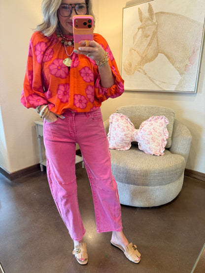 Orange & Pink Bubble Sleeve Printed Poly Top