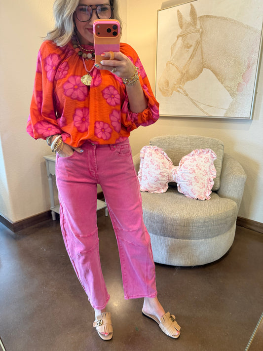 Hot Pink Barrel Leg Color Denim Pants