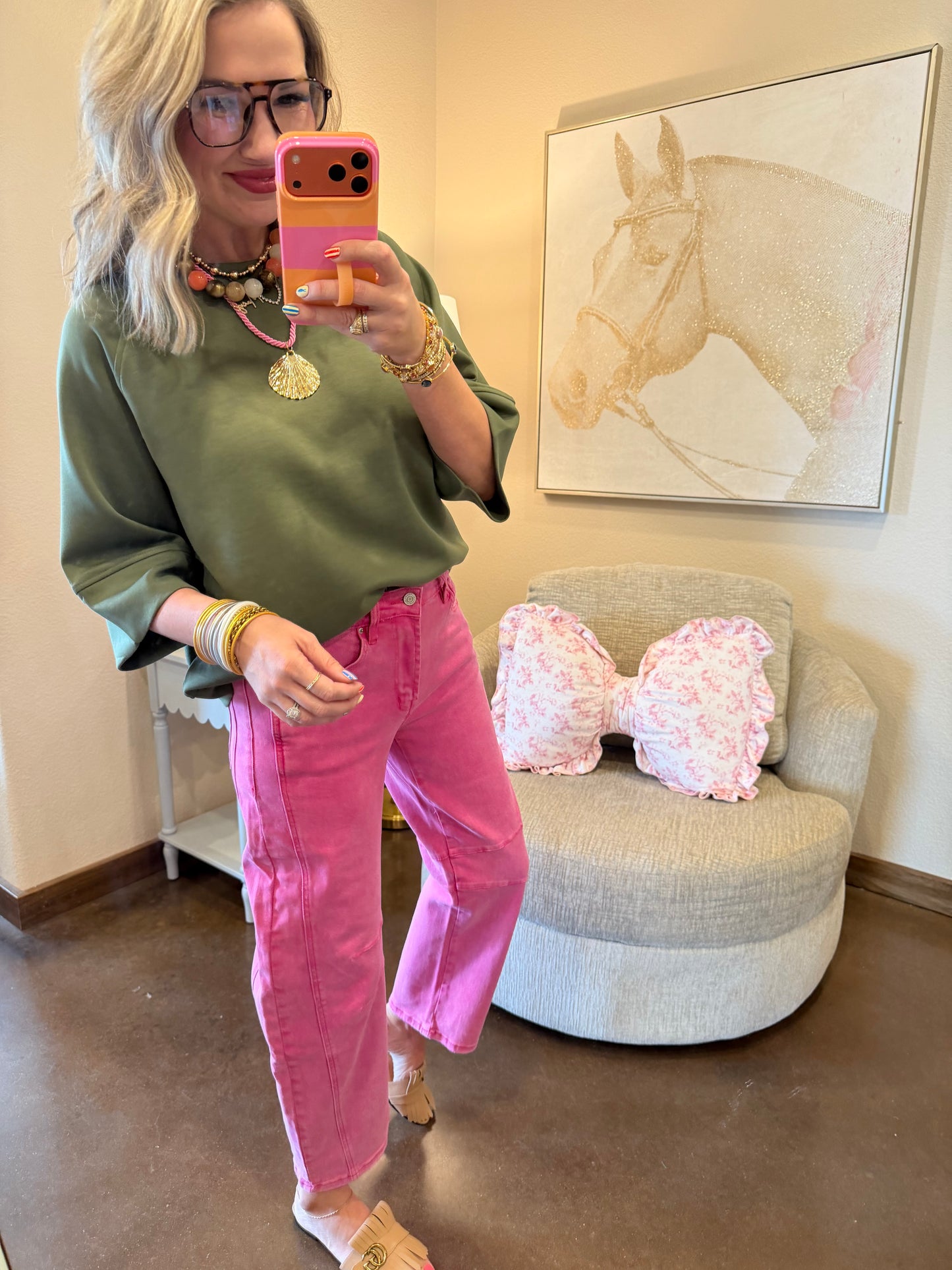 Hot Pink Barrel Leg Color Denim Pants