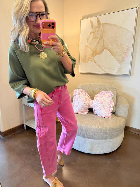 Hot Pink Barrel Leg Color Denim Pants
