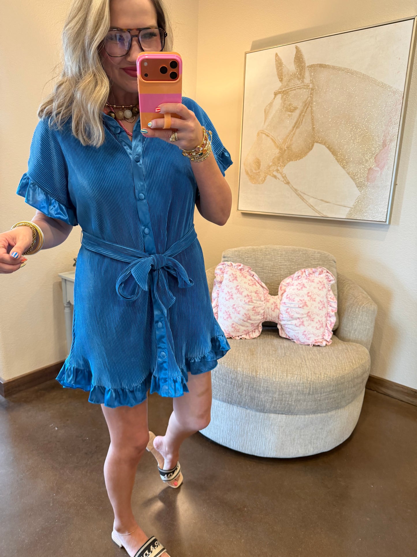 Blue Pleated Button Dress