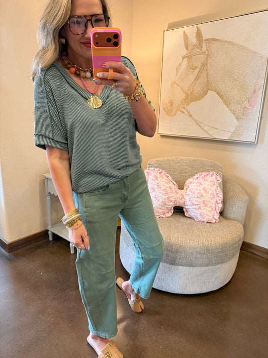 Jade Raised Rib Short Sleeve Hi Low V Neck Top