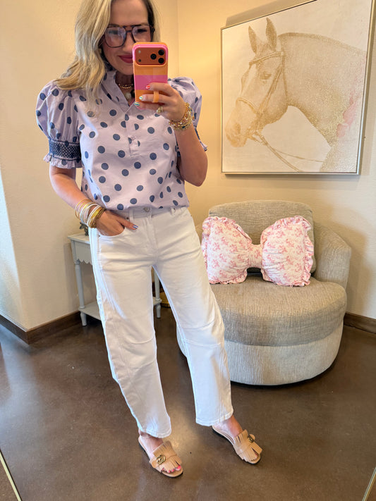 Lavender Ruffle Neck Polka Dot Puff Sleeve Blouse