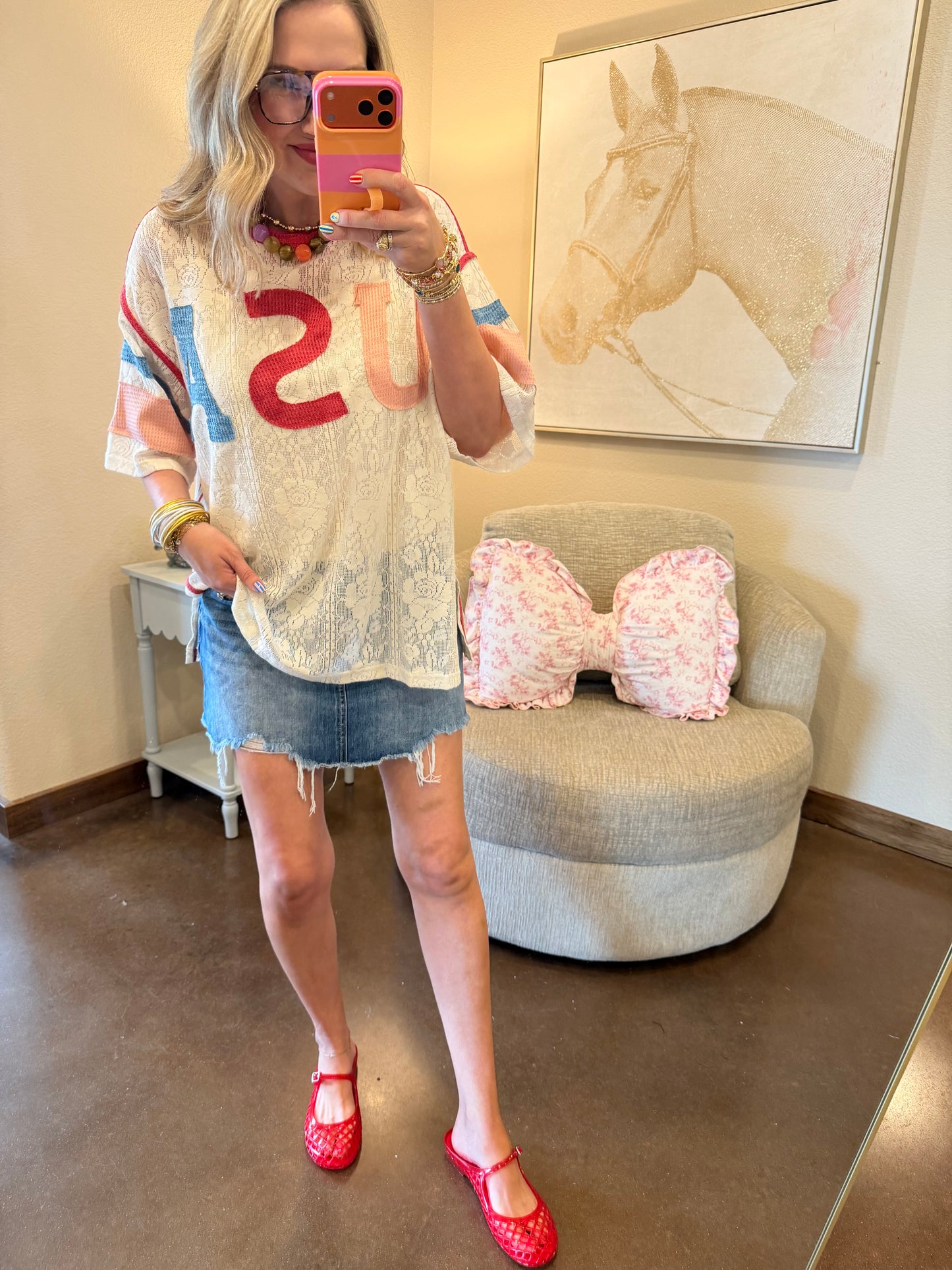 USA Patchwork Lace Top with Inner Tank Top