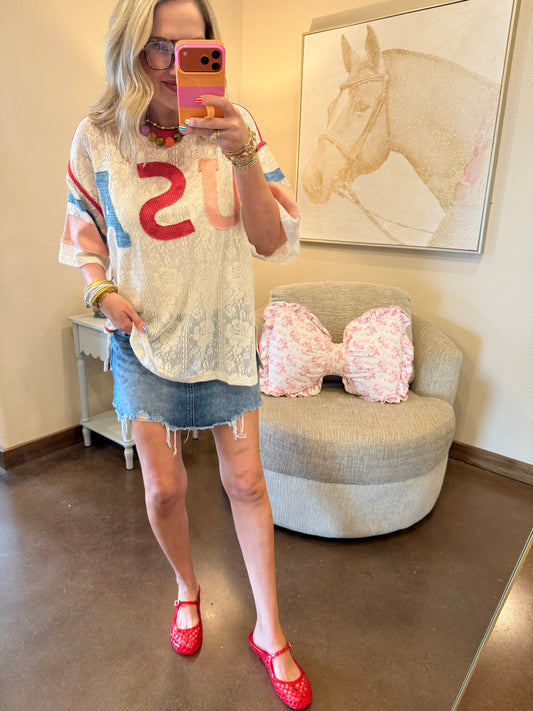 USA Patchwork Lace Top with Inner Tank Top