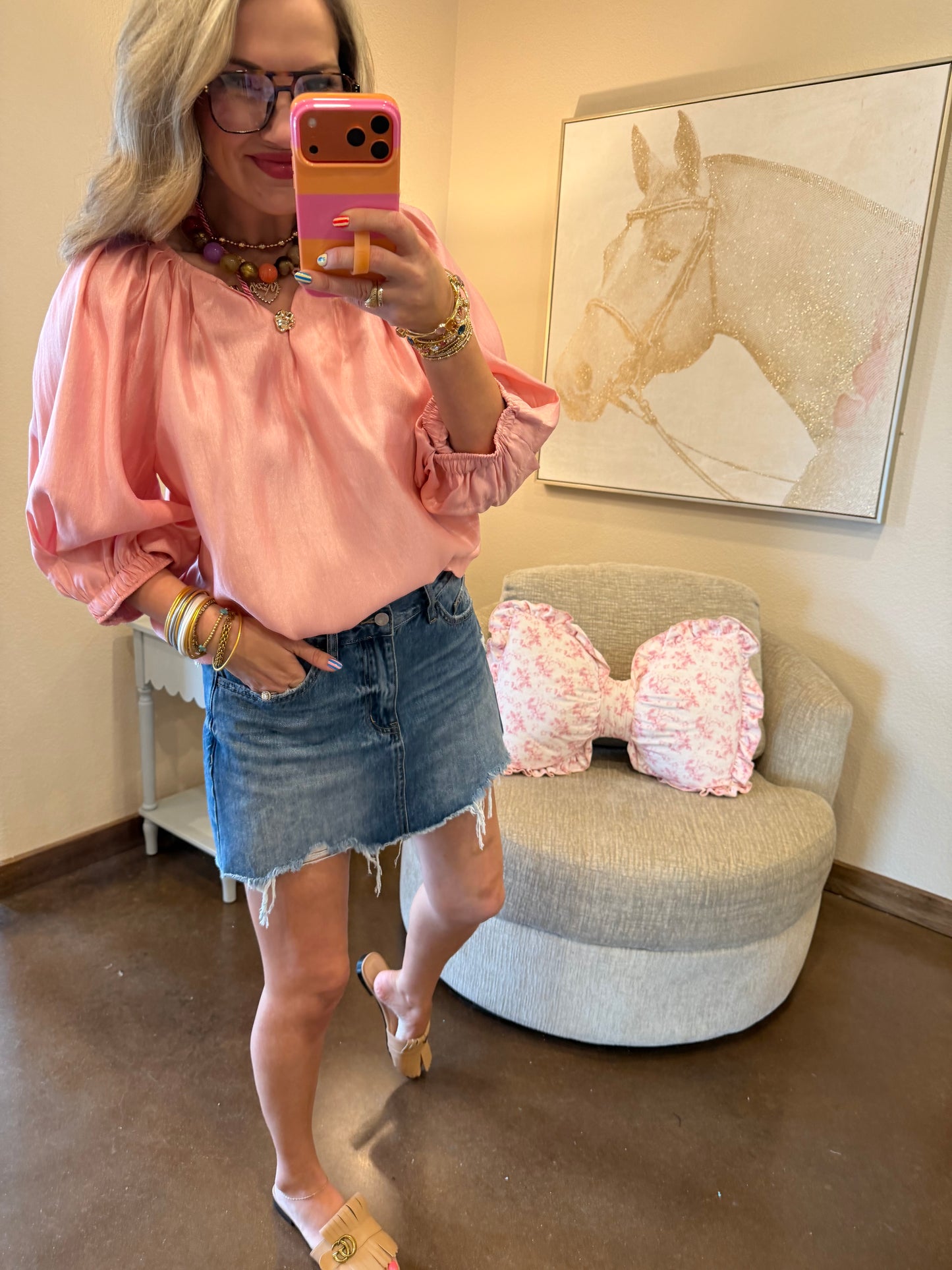 Pink Puff Sleeve Ruffled Top