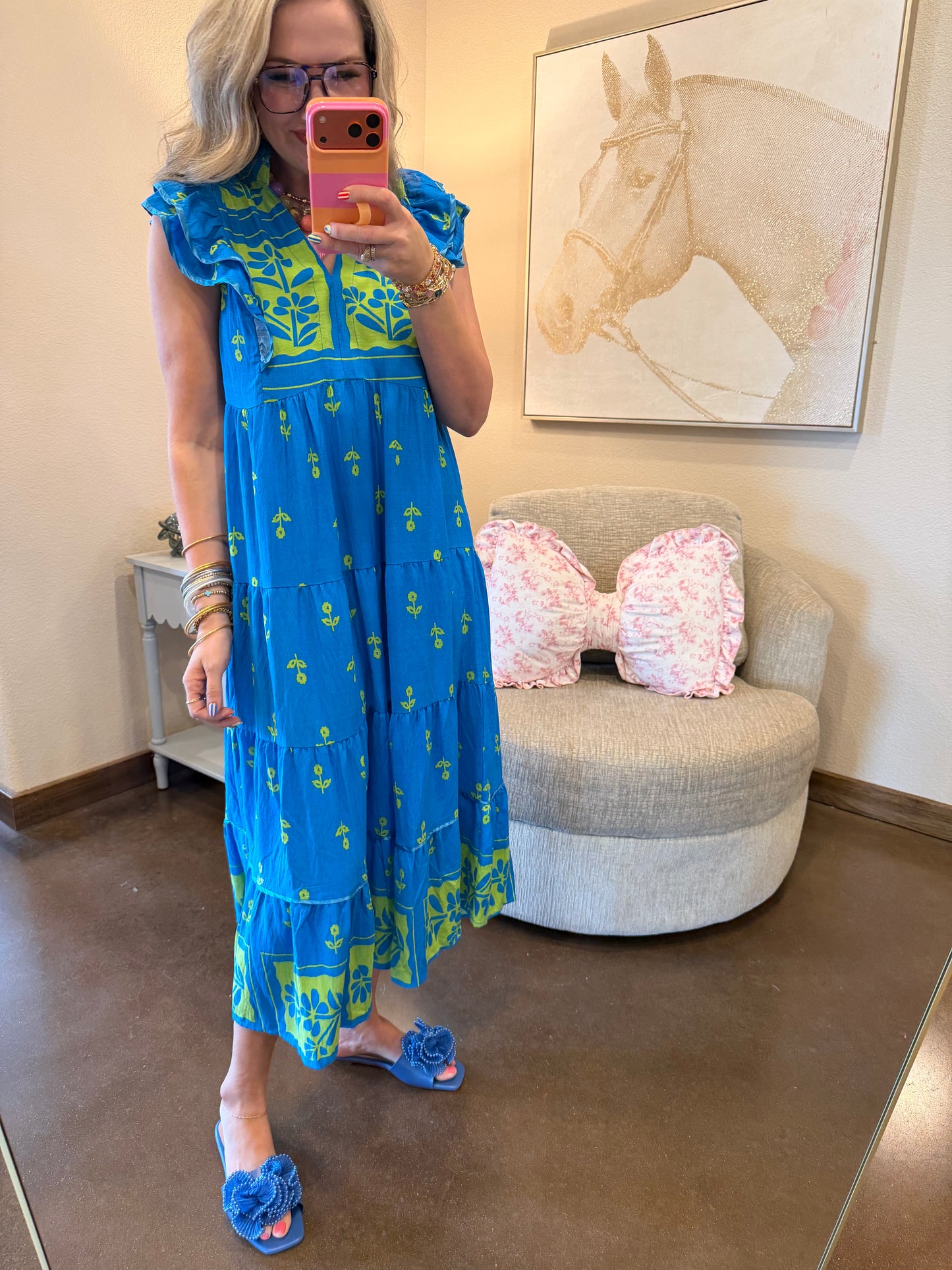 Ocean Blue Floral Tiered Ruffle Midi Dress