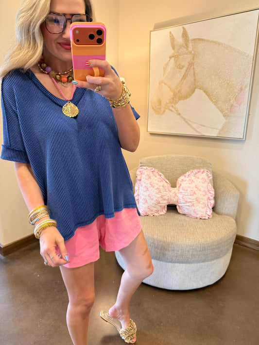 Blue Raised Rib Short Sleeve Hi Low V Neck Top