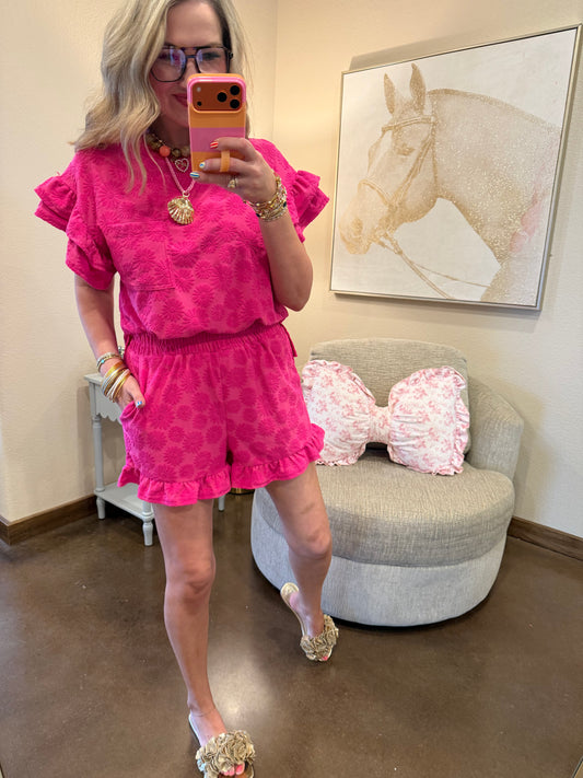 Fuchsia Floral Textured Ruffled Knit Top & Shorts Set