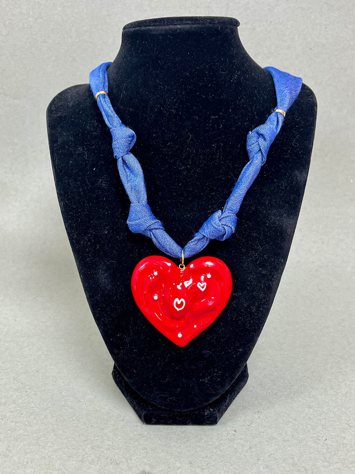 Red Heart on Denim Scarf Necklace