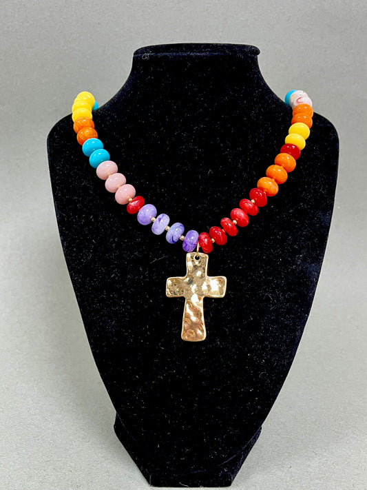 Colored Necklace with Cross Pendant