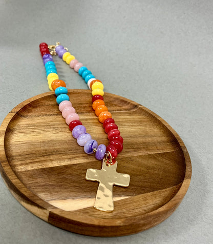Colored Necklace with Cross Pendant