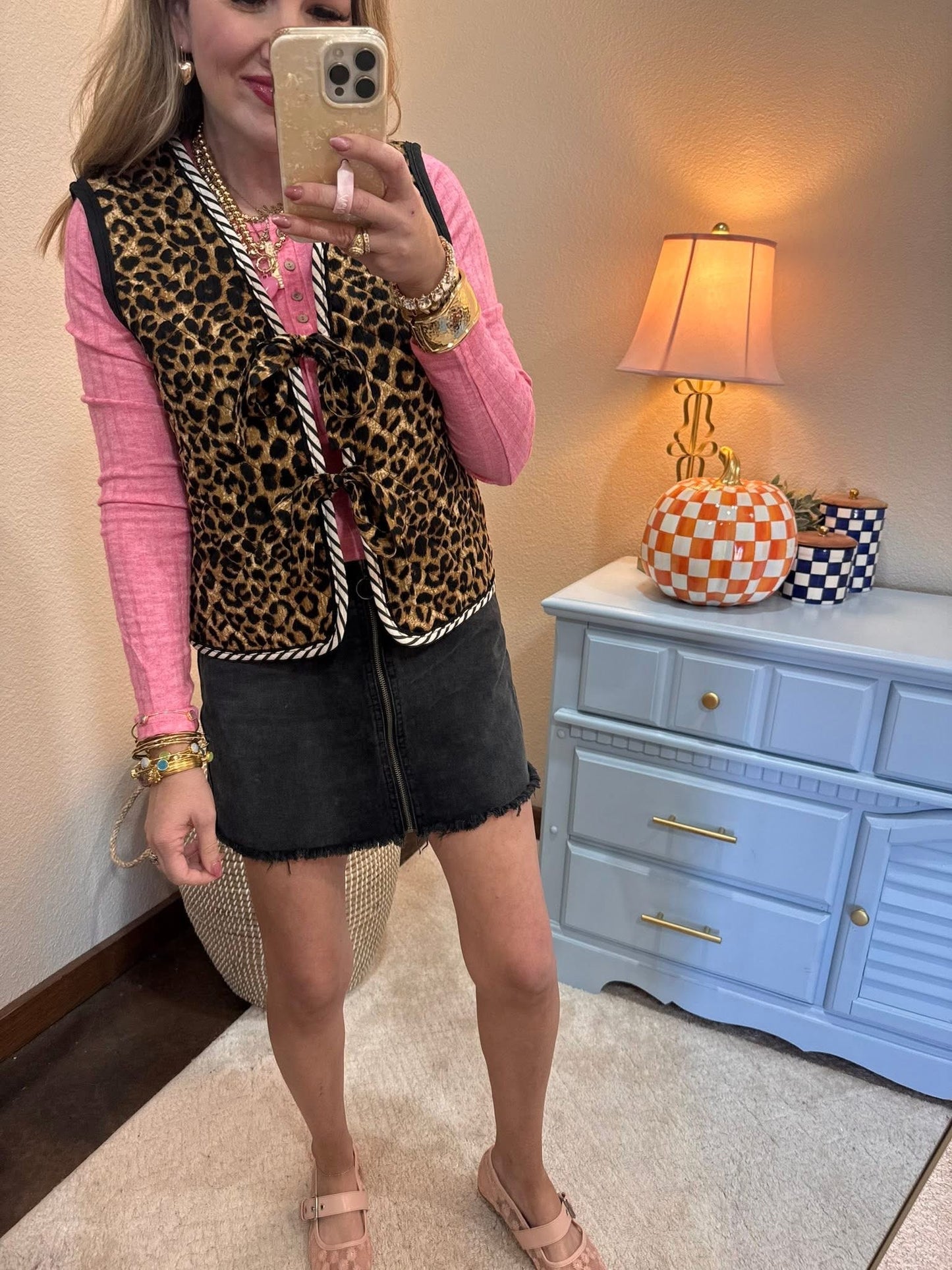 Leopard Quilted Tie Front Vest