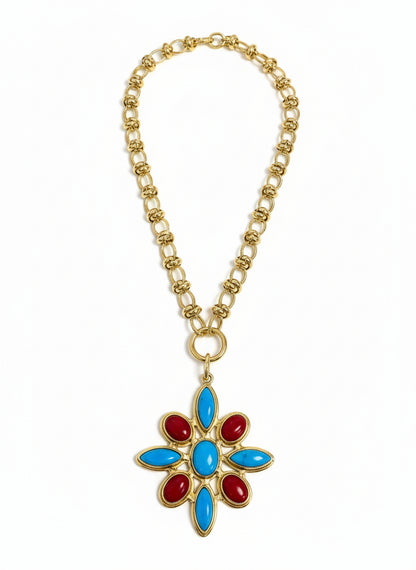 Angela Flower Stone Pendant- Turquoise & Coral
