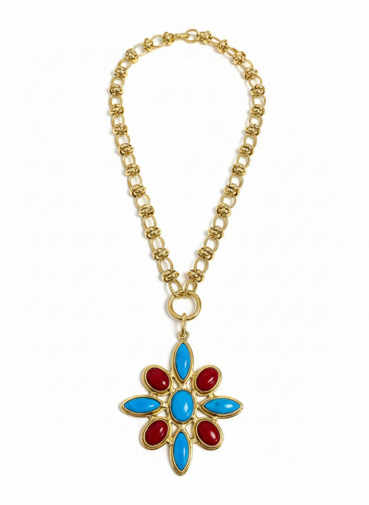 Angela Flower Stone Pendant- Turquoise & Coral