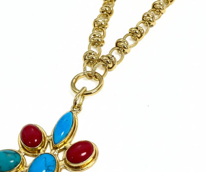 Angela Flower Stone Pendant- Turquoise & Coral