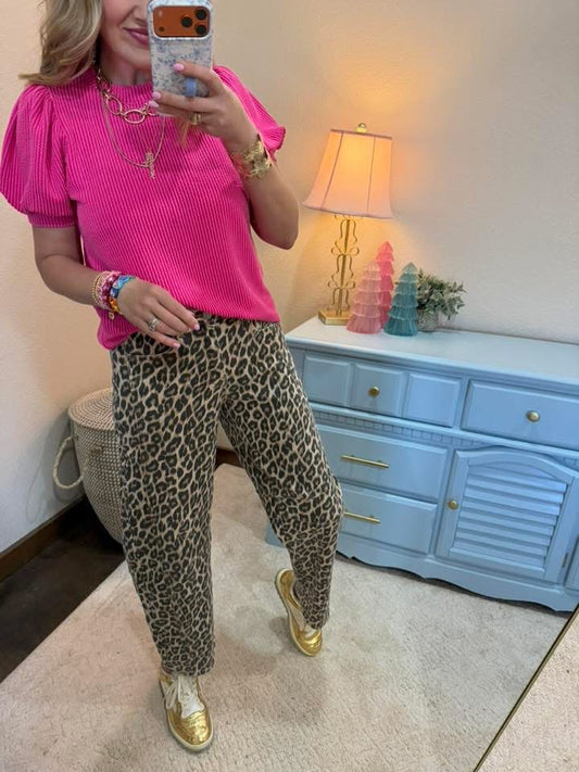 Hot Pink Raised Rib Puff Sleeve Top