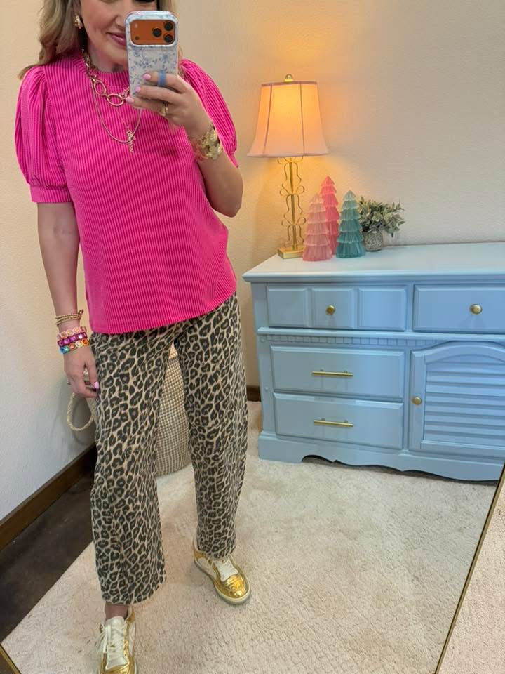 Hot Pink Raised Rib Puff Sleeve Top