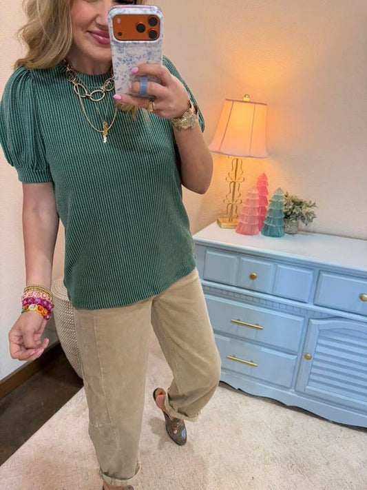 Green Raised Rib Puff Sleeve Top
