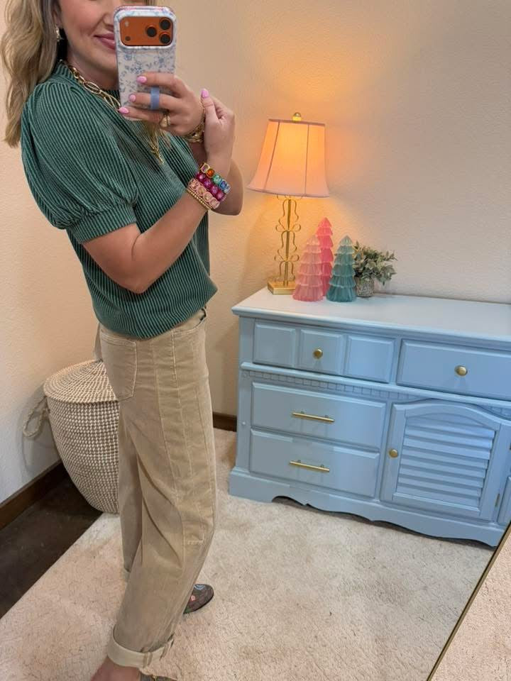 Green Raised Rib Puff Sleeve Top