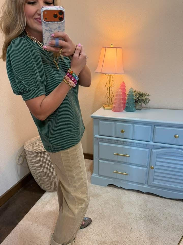 Green Raised Rib Puff Sleeve Top