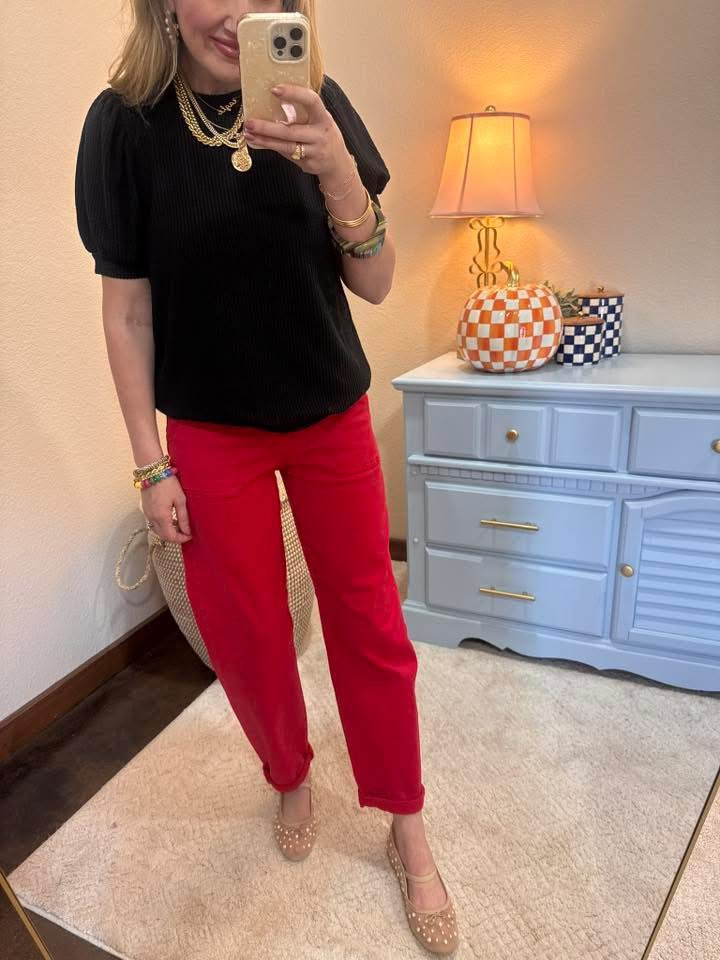 Black Raised Rib Puff Sleeve Top